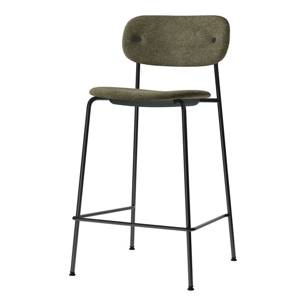 Olive green upholstered bar stool with a sleek black metal frame. Modern design with minimalistic style.