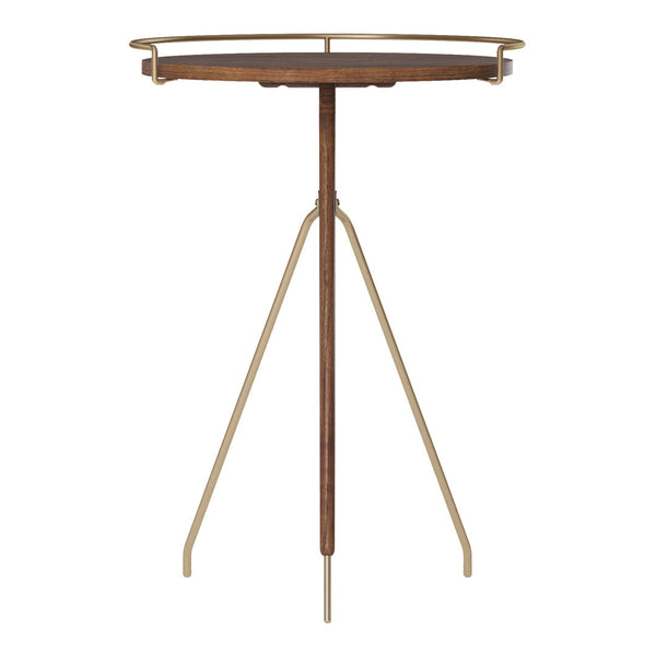 Round wooden tray table with a rich brown finish and elegant gold accents, featuring a modern minimalist design.