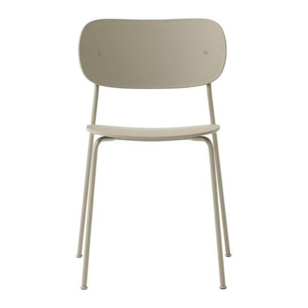 Minimalist light taupe chair with a smooth, solid finish and sleek metal legs. Perfect for modern decor.