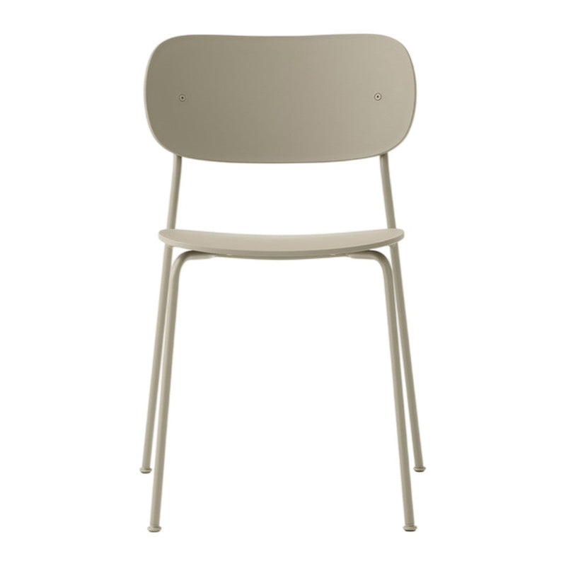 Minimalist light taupe chair with a smooth, solid finish and sleek metal legs. Perfect for modern decor.