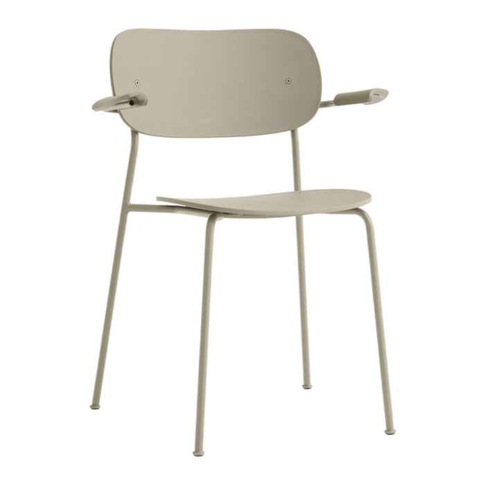 Light beige chair with a minimalist design, featuring smooth, rounded edges and simple lines. Perfect for modern decor.