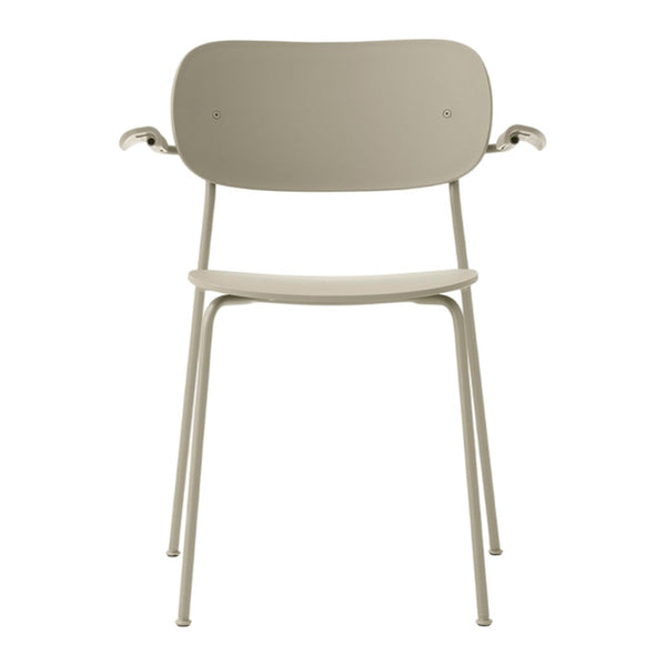 Minimalist light beige chair with sleek lines and smooth matte finish, perfect for modern decor.