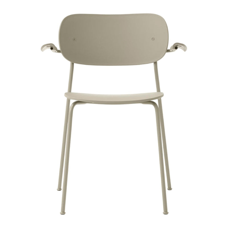 Minimalist light beige chair with sleek lines and smooth matte finish, perfect for modern decor.