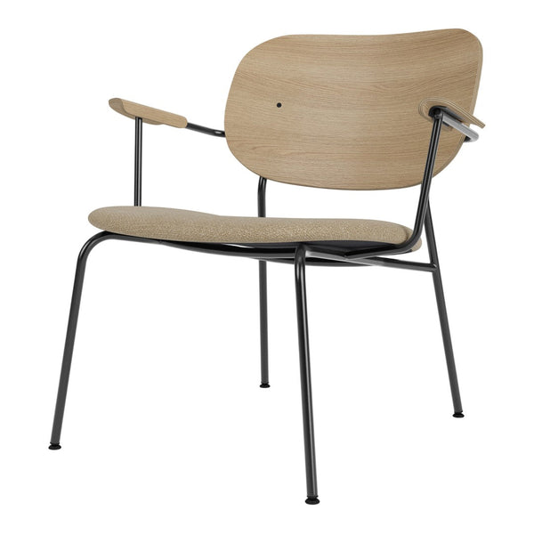 Wooden chair with natural beige upholstery and sleek black metal legs, showcasing a minimalist design.
