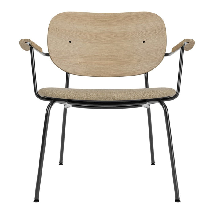 Wooden chair with a light natural wood finish and black metal legs, featuring a simple, minimalist design.