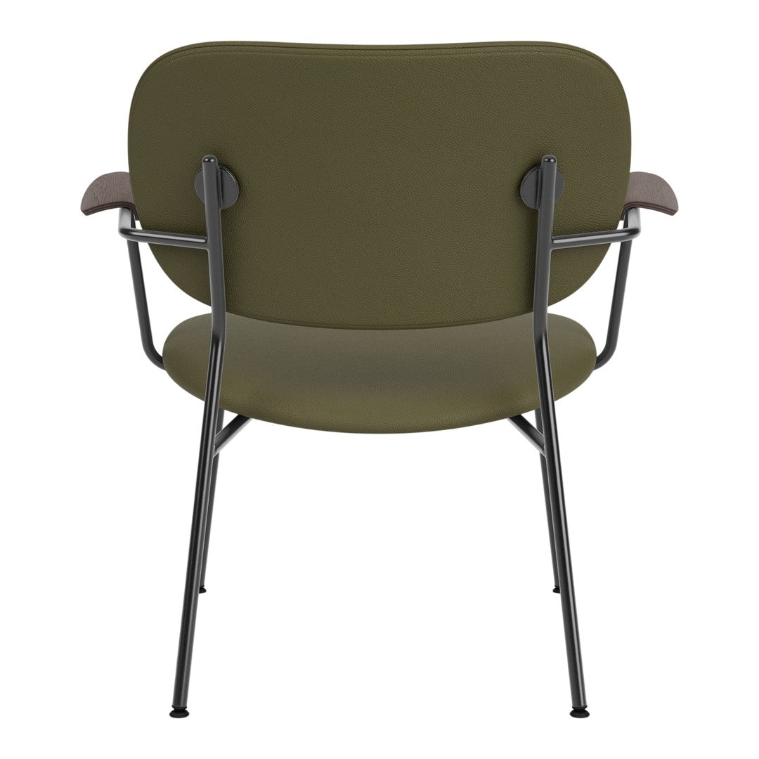 Back view of a green chair with brown accents and black metal legs, showcasing a modern, minimalist design.