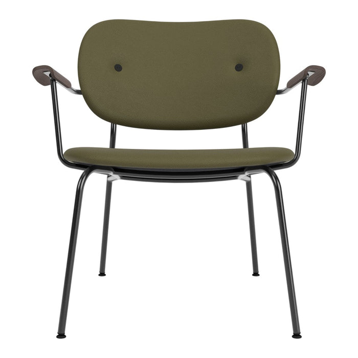 Olive green chair with a minimalist design and contrasting brown armrests on a sleek black metal frame.