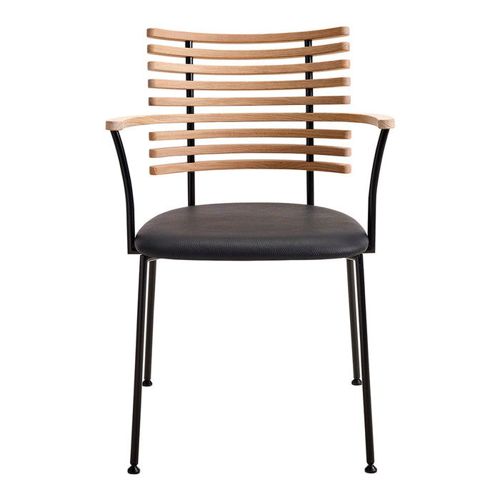 Wooden slatted backrest in natural tones, black seat cushion, and sleek black metal legs. Modern design aesthetic.