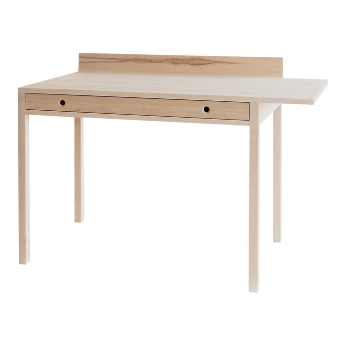 Light wood desk with a smooth white top and minimalist design, featuring natural grain accents and a single drawer.