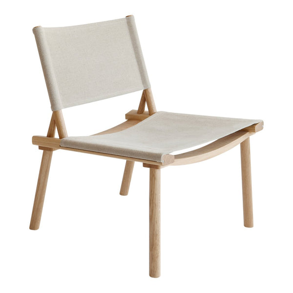Light beige fabric chair with natural wood frame, featuring minimalist design and clean lines. Perfect for modern decor.