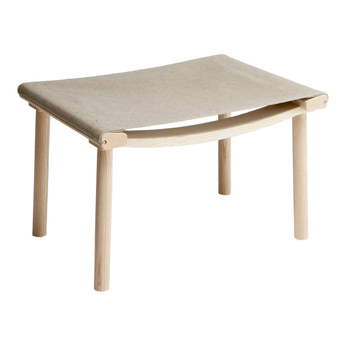 Light beige fabric seat with natural wood legs; minimalist design with smooth, clean lines. Perfect for modern decor.