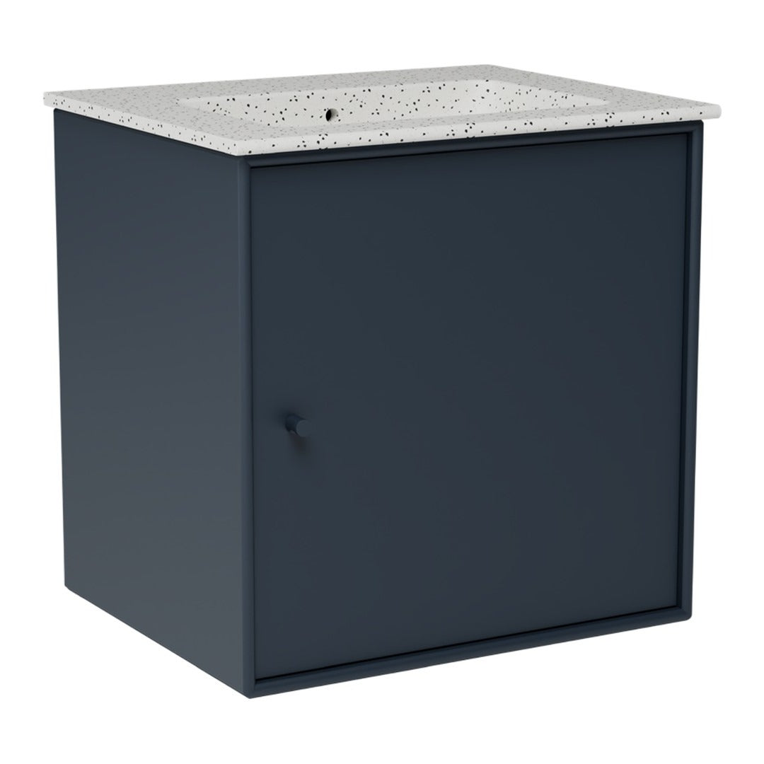 Navy blue storage cabinet with a textured granite top, featuring a minimalist design and smooth edges.