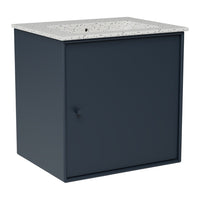 Navy blue storage cabinet with a textured granite top, featuring a minimalist design and smooth edges.