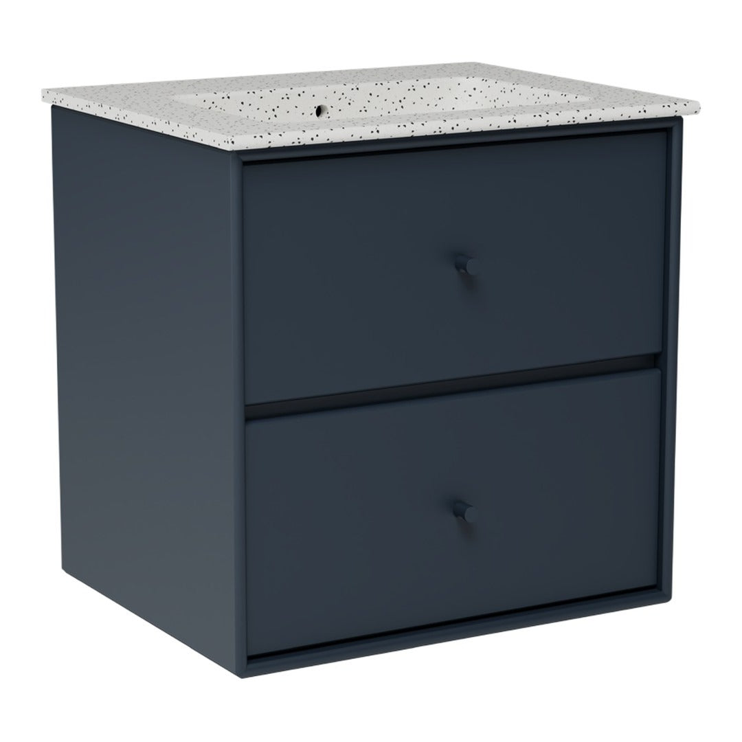 Dark navy blue cabinet with a speckled white countertop and two spacious drawers for storage.