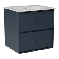 Dark navy blue cabinet with a speckled white countertop and two spacious drawers for storage.