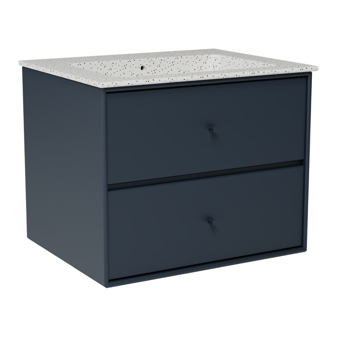 Navy blue vanity with two drawers and a speckled white countertop. Modern design for stylish bathroom decor.