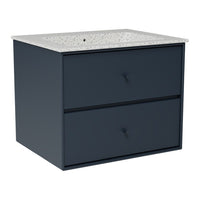 Navy blue vanity with two drawers and a speckled white countertop. Modern design for stylish bathroom decor.