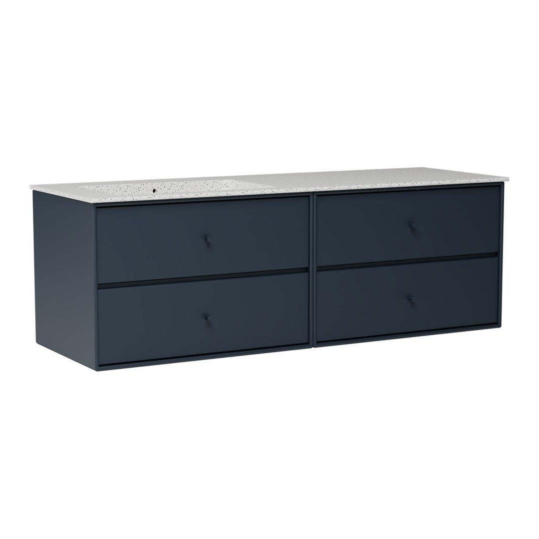 Solid navy blue storage cabinet with four spacious drawers and a smooth gray countertop, modern minimalist design.