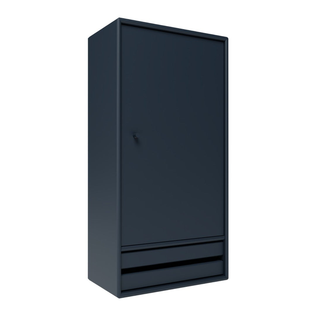 Sleek navy blue cabinet with a minimalist design and smooth, solid surface. Features a simple vertical line pattern.