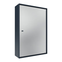 Sleek black cabinet with a reflective silver door, featuring a minimalist design for modern interiors.
