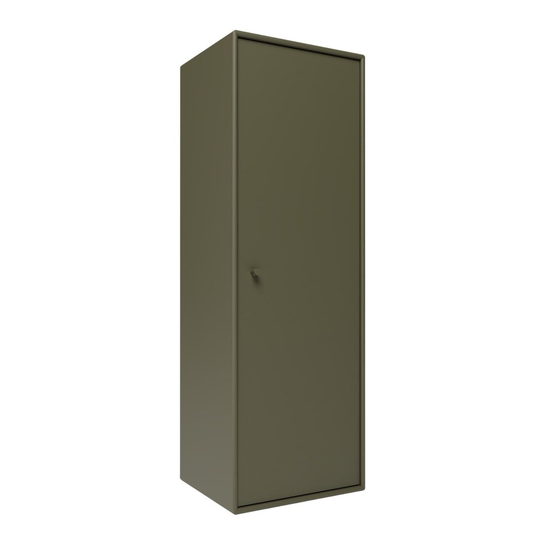 Sleek olive green storage cabinet with a minimalist design, featuring a smooth, solid finish. Perfect for any space.