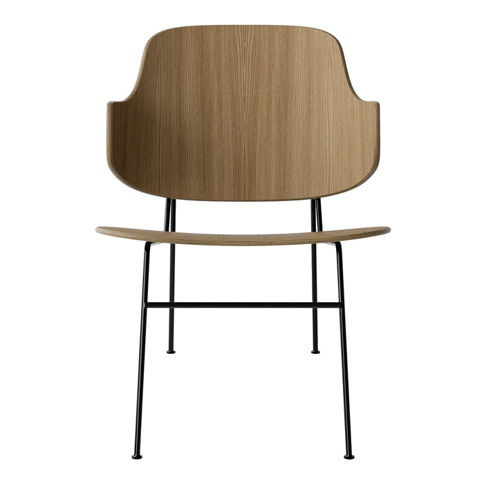 Stylish wooden chair with a light oak finish and sleek black metal legs, perfect for modern decor.