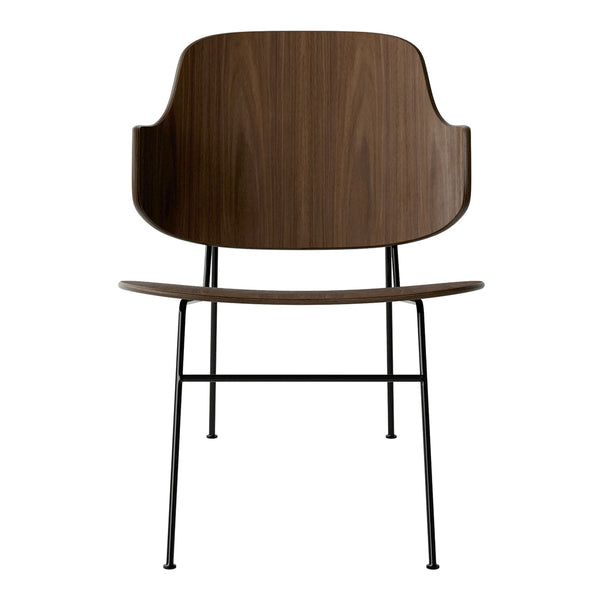Wooden chair with a rich brown finish and sleek black metal legs, showcasing a minimalist design.