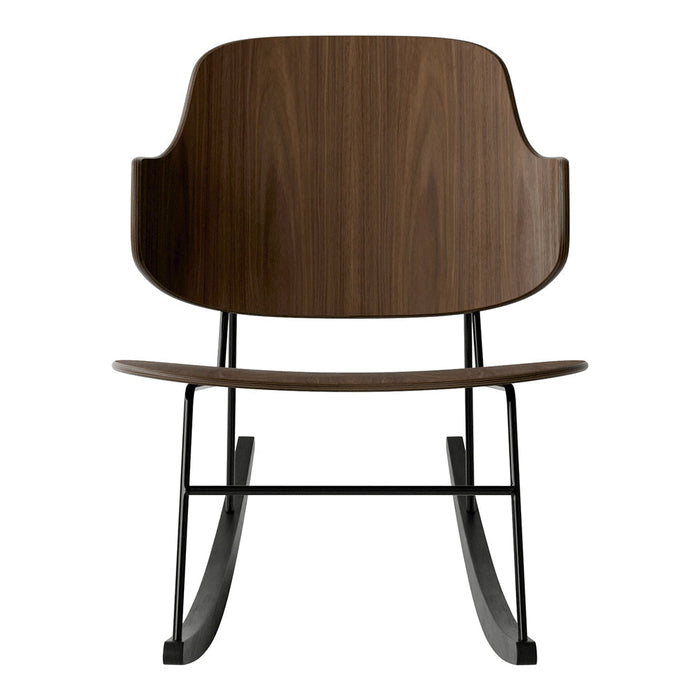 Brown wooden rocking chair with a sleek black metal base, featuring smooth, minimalist lines.