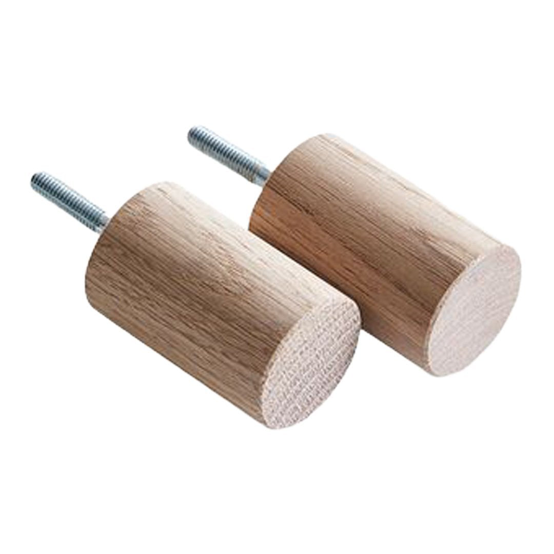 Natural wood color with a smooth finish, featuring cylindrical shapes and metallic pins for sturdy attachment.