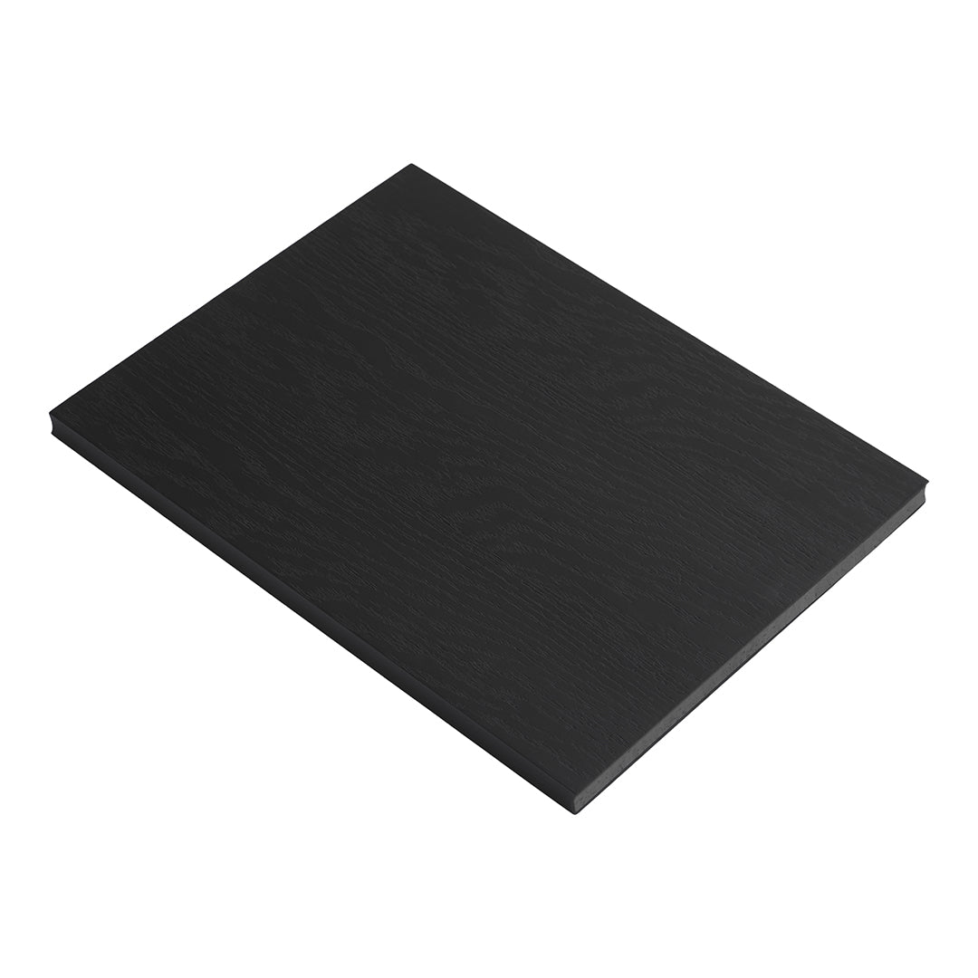 Black textured wood panel with a smooth finish, featuring a minimalist design. Perfect for modern decor.