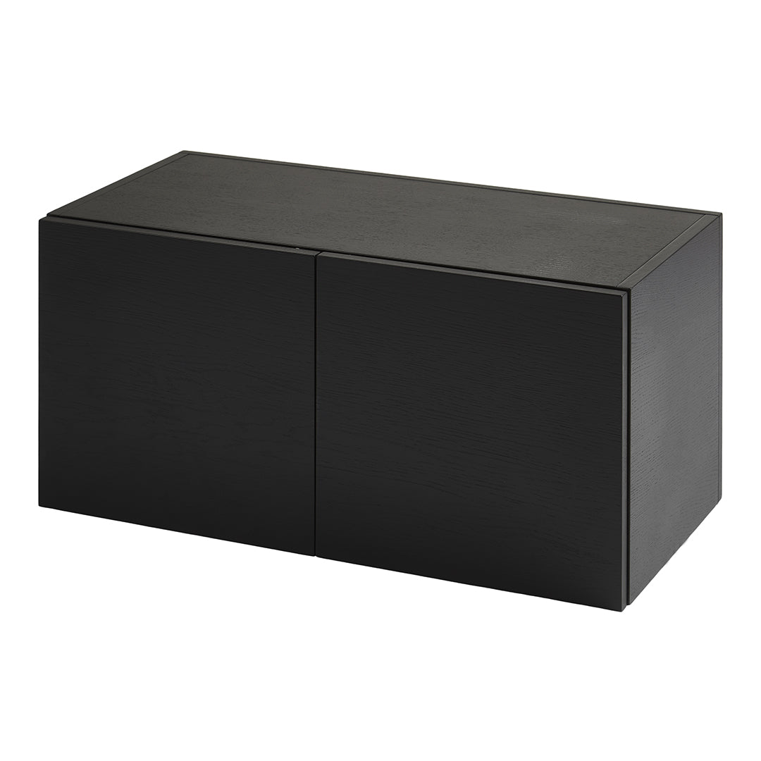 Sleek black storage cabinet with a minimalist design and smooth surfaces, perfect for modern interiors.