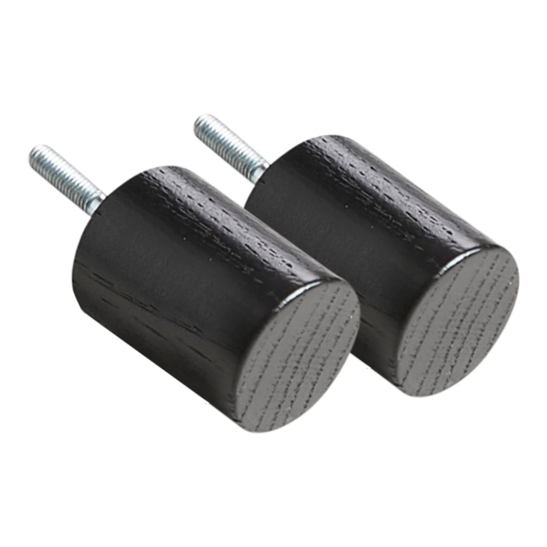 Black cylindrical rubber bumpers with a smooth surface and metallic screws, featuring a textured finish.