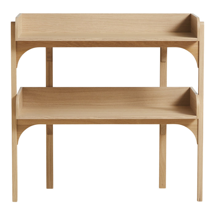 Light wood two-tier shelf with curved edges and minimalist design, showcasing natural grain and smooth finish.