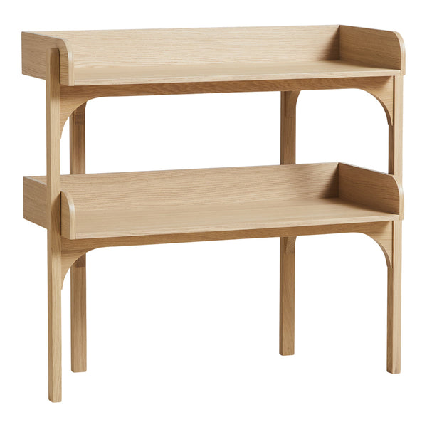 Light natural wood two-tier shelf with smooth, minimalistic design and gently curved edges. Ideal for modern decor.