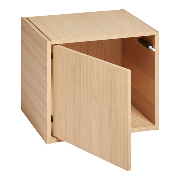 Natural wood grain cube with a light beige finish and a minimalist design, featuring an open door for storage.