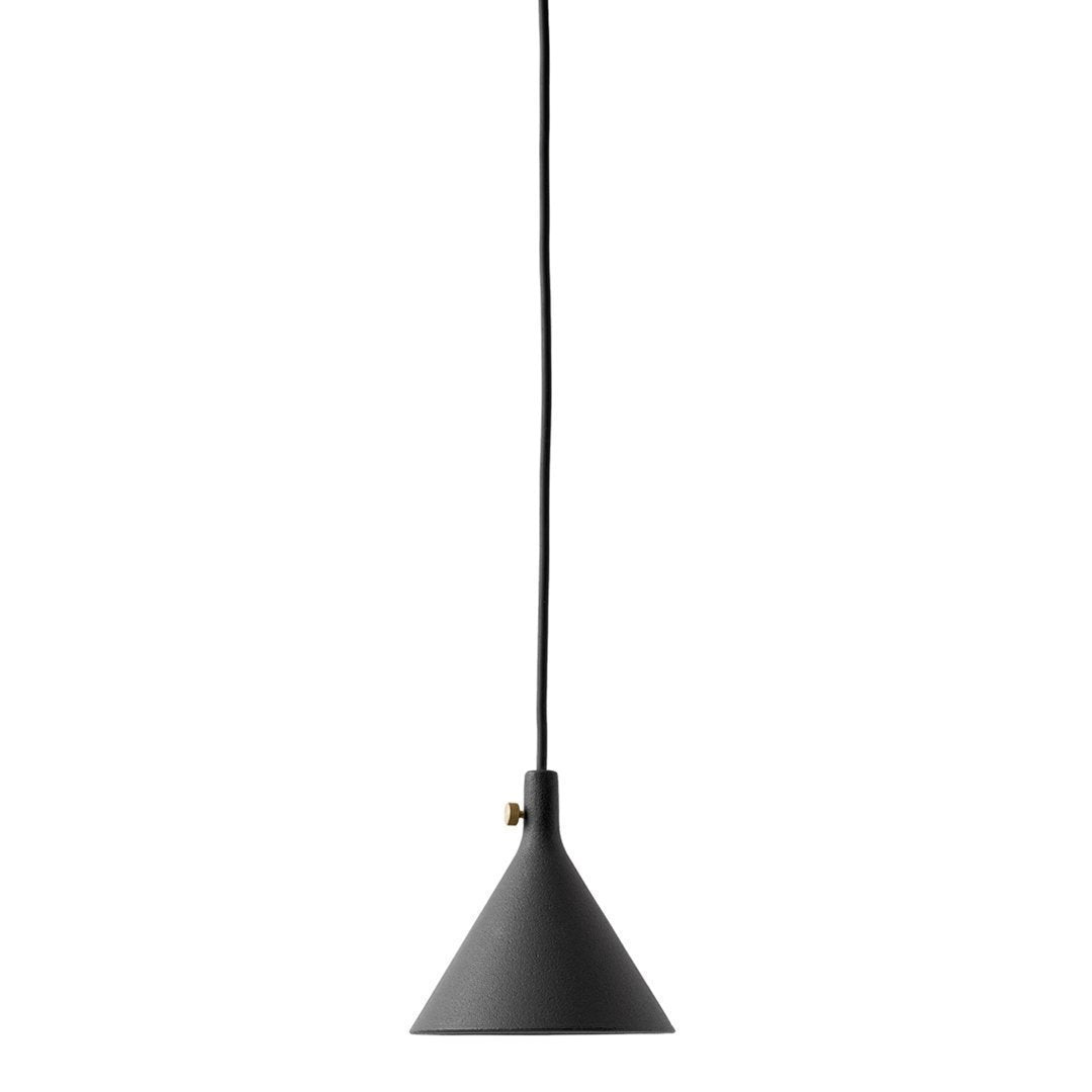 Modern black cone pendant light with a sleek design and gold accent for a stylish, minimalist look.