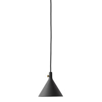 Modern black cone pendant light with a sleek design and gold accent for a stylish, minimalist look.
