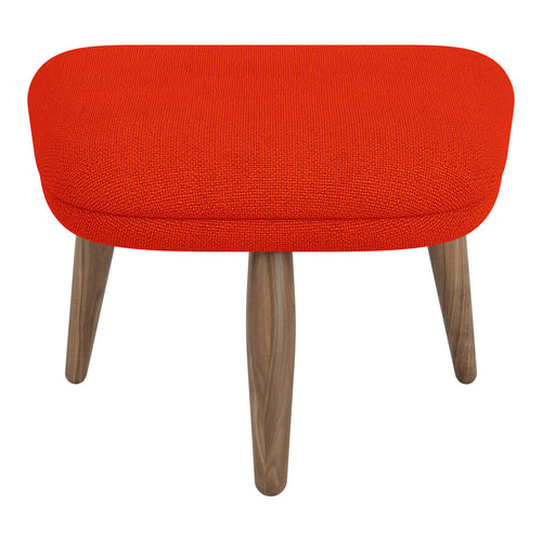 Vibrant red upholstered ottoman with textured fabric and natural wood legs. Perfect accent for modern decor.