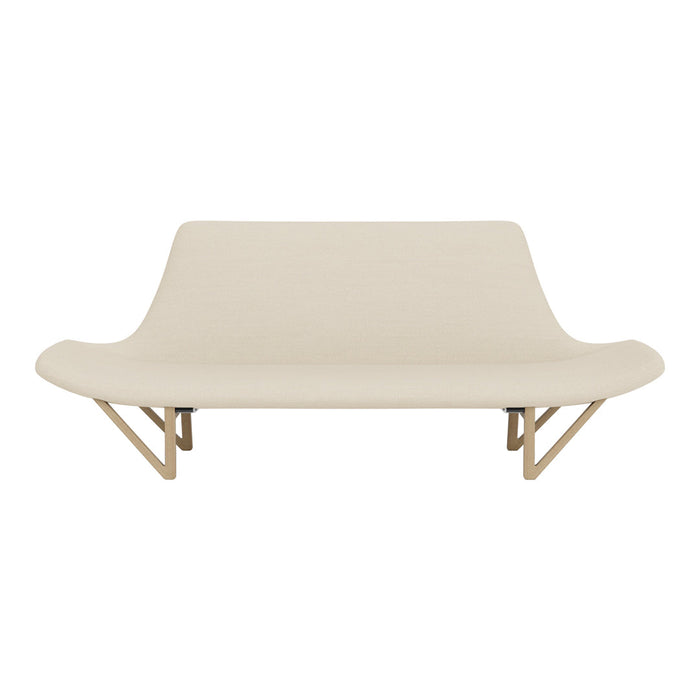 Beige modern sofa with smooth fabric and clean lines, featuring a minimalist design and natural wood legs.