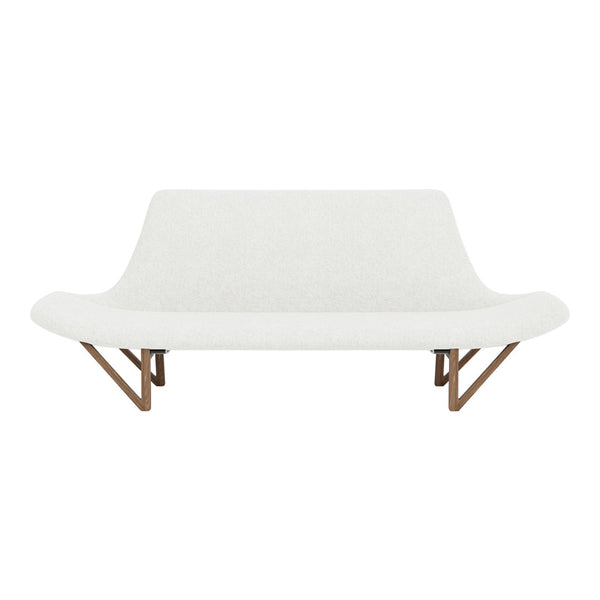 Modern white sofa with soft texture and a light wood base, featuring a minimalist design and elegant curves.