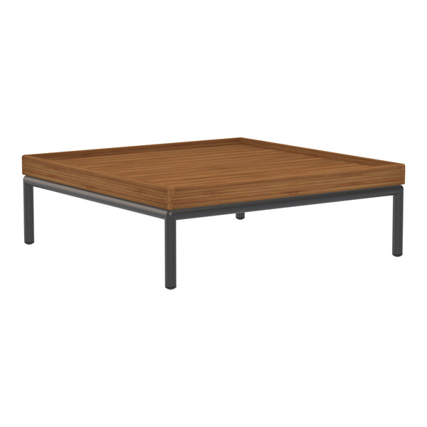 Brown wood finish tabletop with sleek black metal legs, featuring a clean, modern square design.