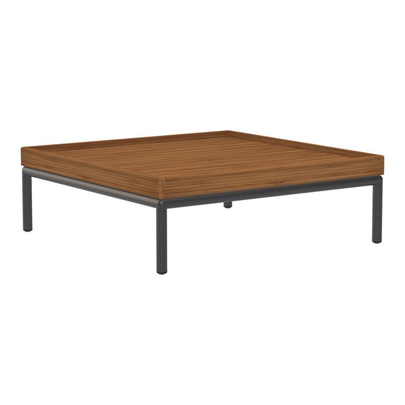 Brown wood finish tabletop with sleek black metal legs, featuring a clean, modern square design.