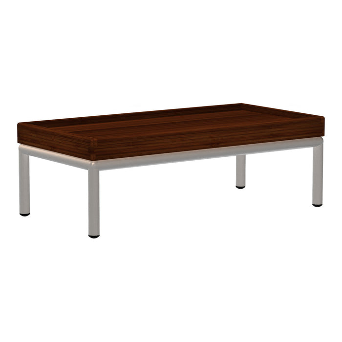 "Dark walnut tabletop with sleek silver legs, minimalist design, and smooth finish."