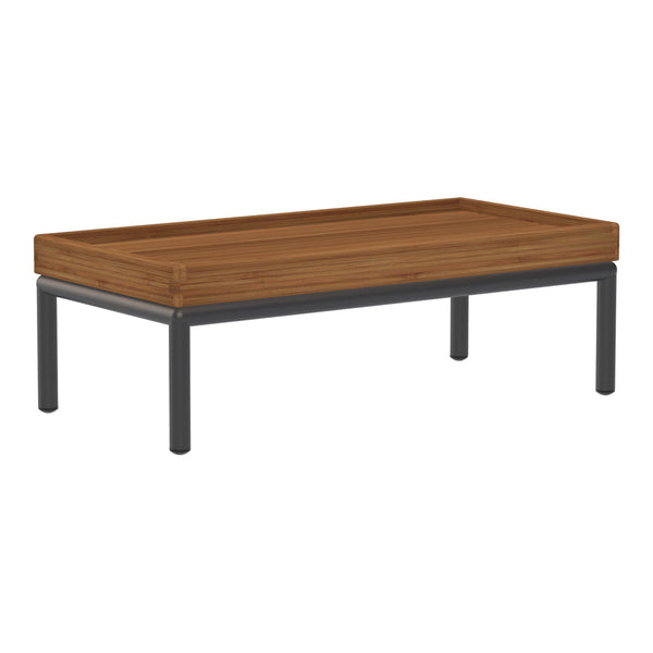 Modern coffee table featuring a rich brown wooden top and sleek black metal legs, offering a stylish contrast.