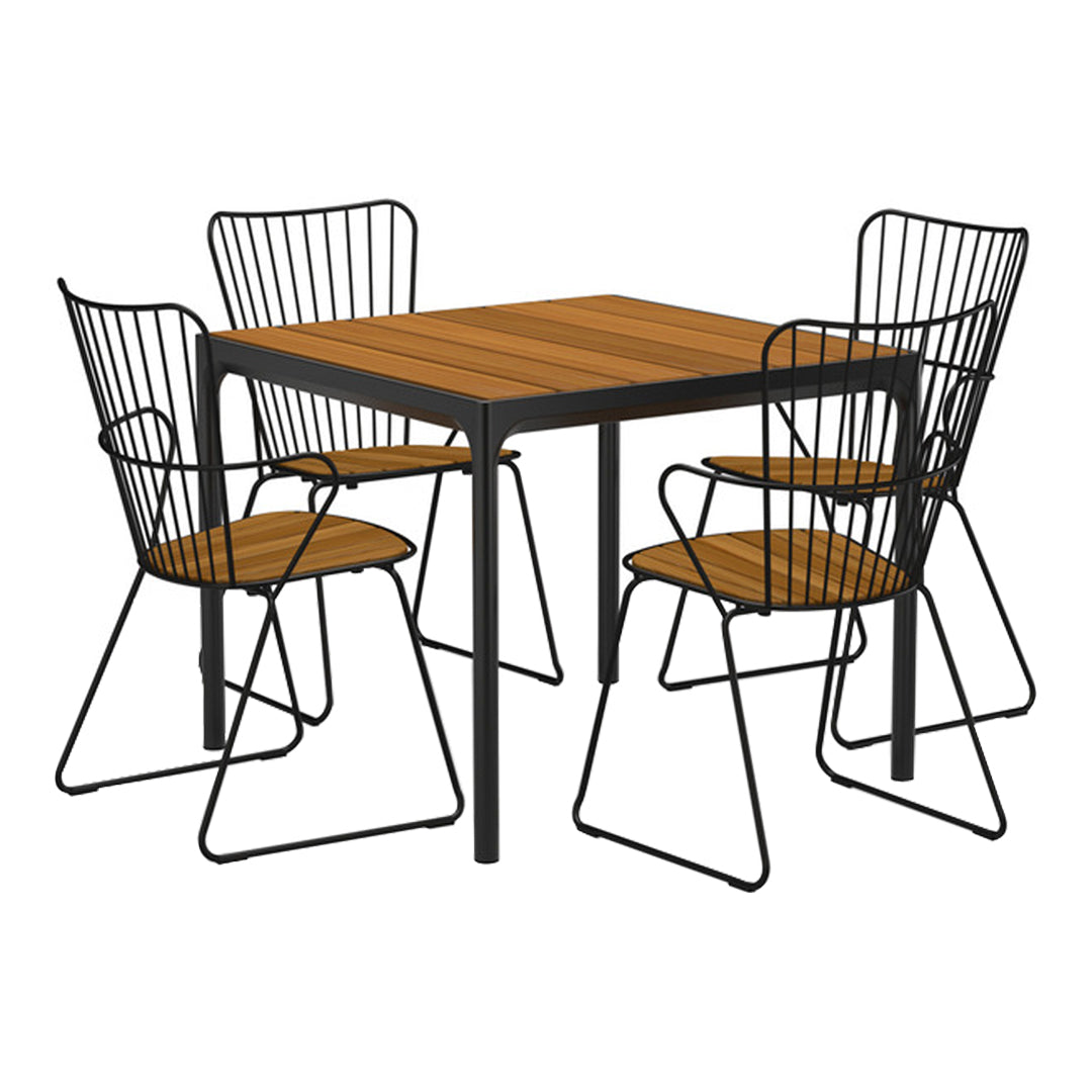 Square dining table with a smooth brown wood top and four black wire chairs with light wood seats. Modern style.