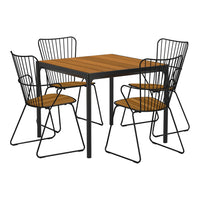 Square dining table with a smooth brown wood top and four black wire chairs with light wood seats. Modern style.