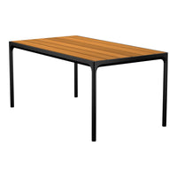 Rectangular table with a warm wood finish top and sleek black metal legs, featuring horizontal slat design.