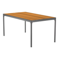 Rectangular outdoor table with a warm wood finish and sleek gray metal frame, featuring horizontal slats.