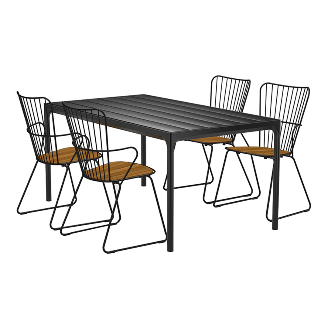 Black metal dining table with striped top and wooden seat chairs, creating a modern and stylish outdoor dining set.