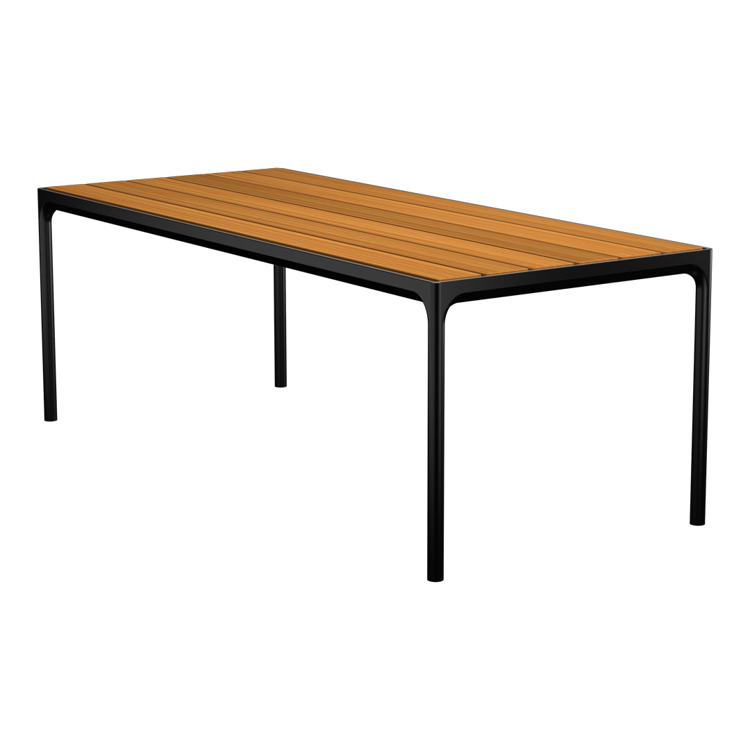"Rectangular outdoor table with warm brown wood slats and sleek black metal frame, ideal for modern patios."